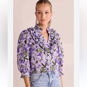 Avara Greta Purple Floral Cotton Button Front Ruffle Top Blouse Size Medium
